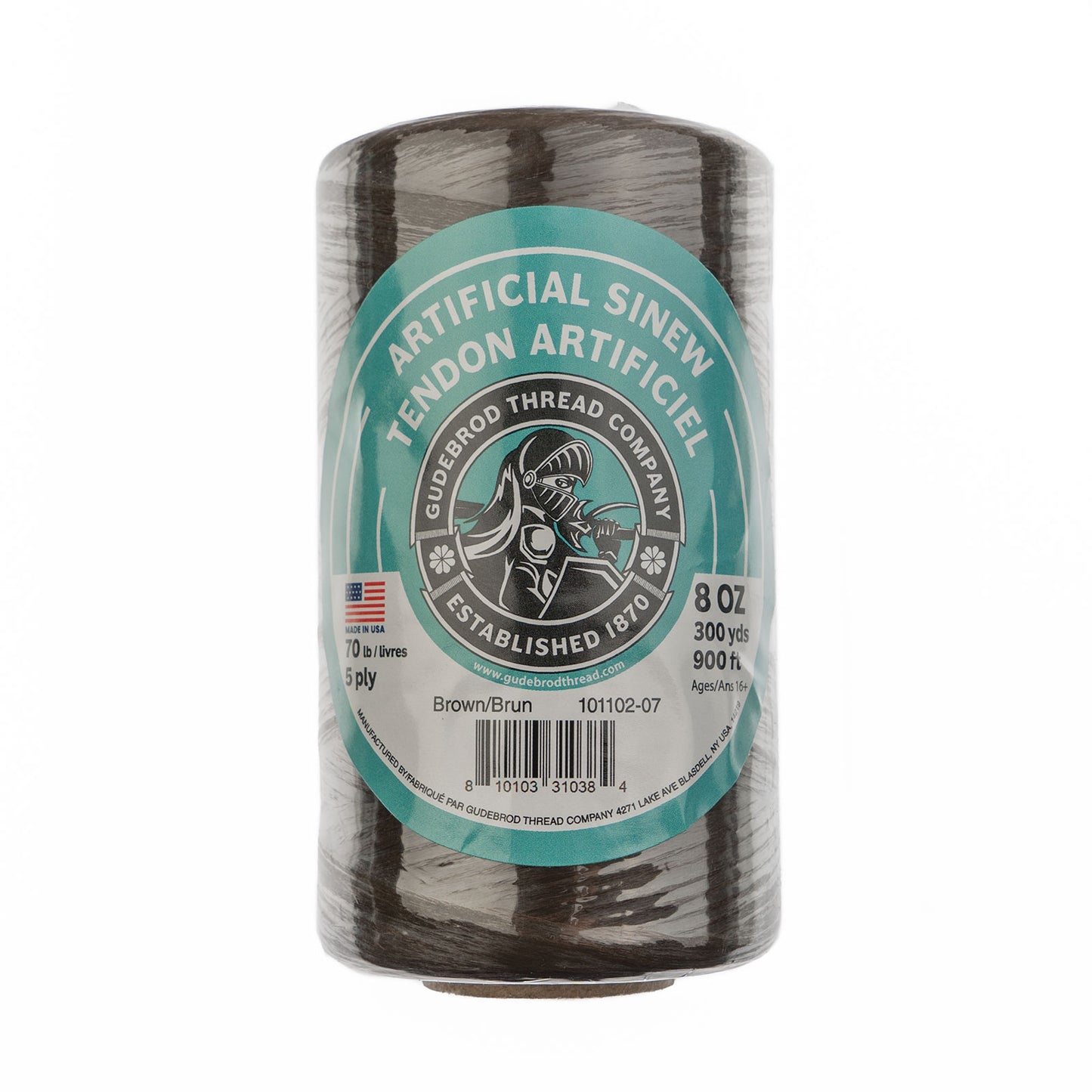 Gudebrod Sinew 8oz 900ft (300yd) Brown 5ply 70lb test Made in USA