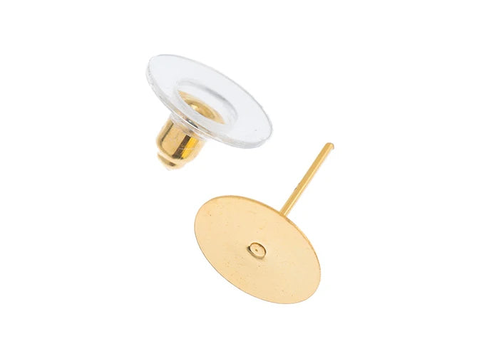 Earring Studs Flat with Barrel Clutch 10mm Gold 1 Pair